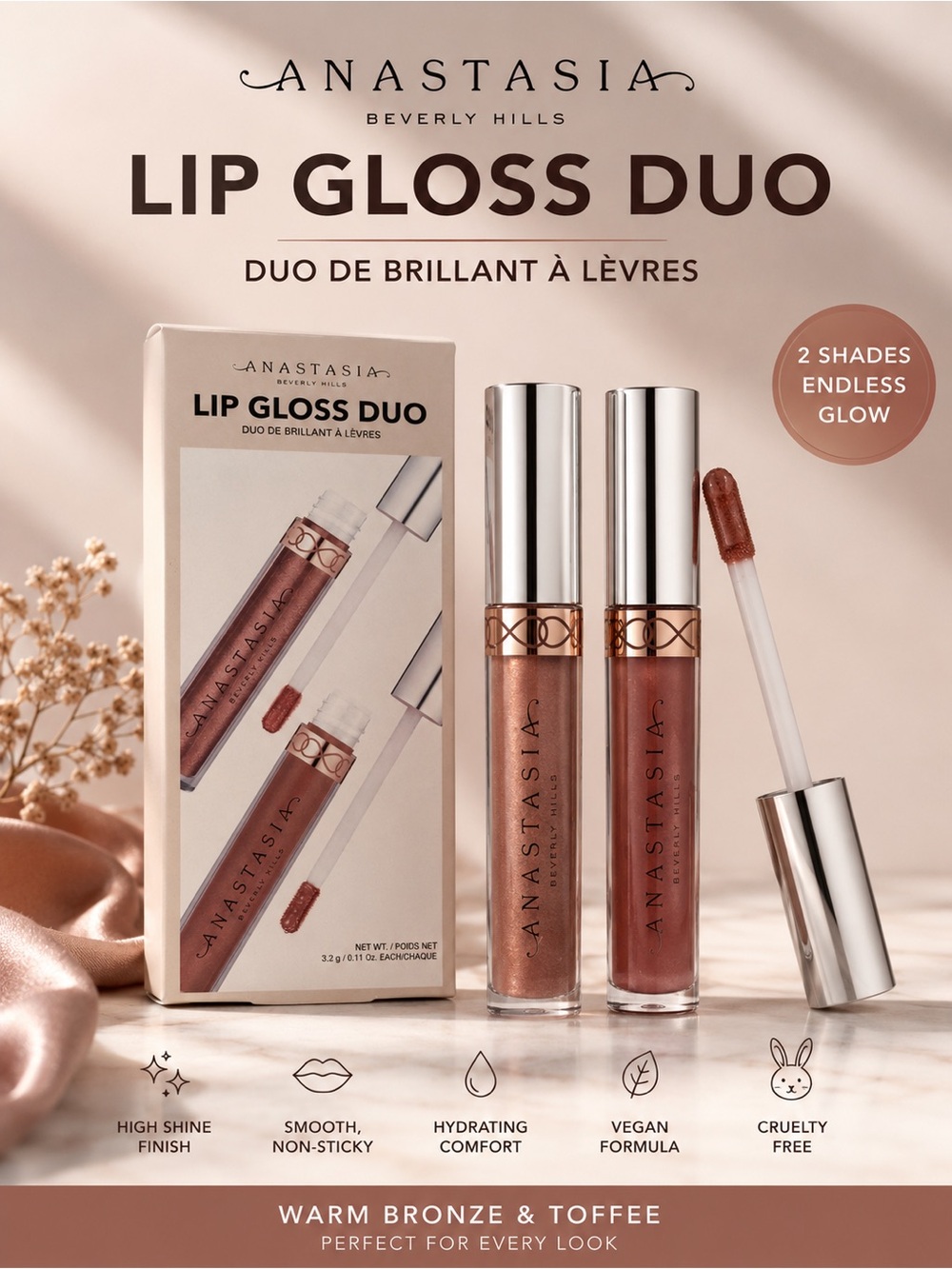 Anastasia Beverly Hills Lip Gloss Duo Warm Bronze & Toffee NIB